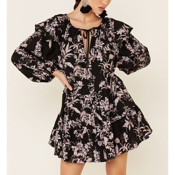 NWT Free People Sunbaked Floral Long Sleeve Swing Minidress Black Combo Medium - Picture 1 of 11